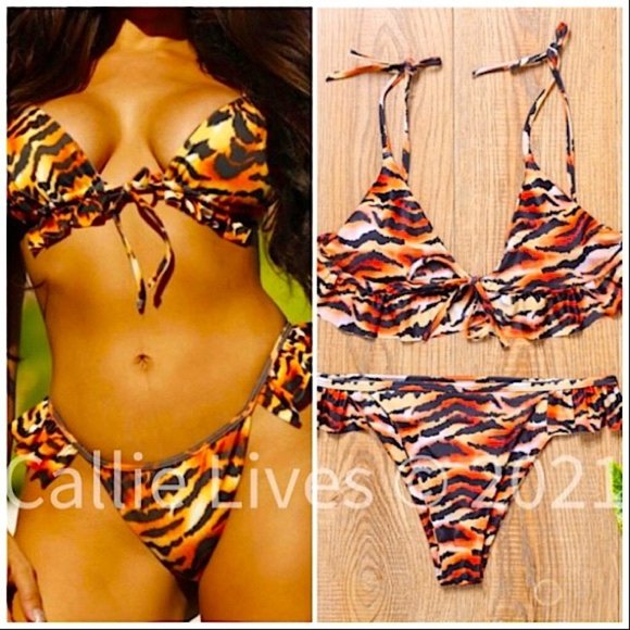 Callie Lives Other - Wild Sunrise: Ruffle Hip Tiger Print Bikini